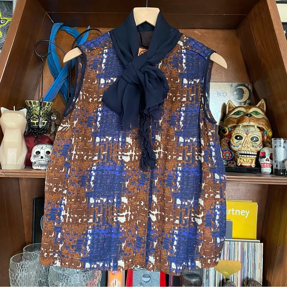 Tory Burch - Cravat Patterned Top - Blue / Brown - Women’s 8